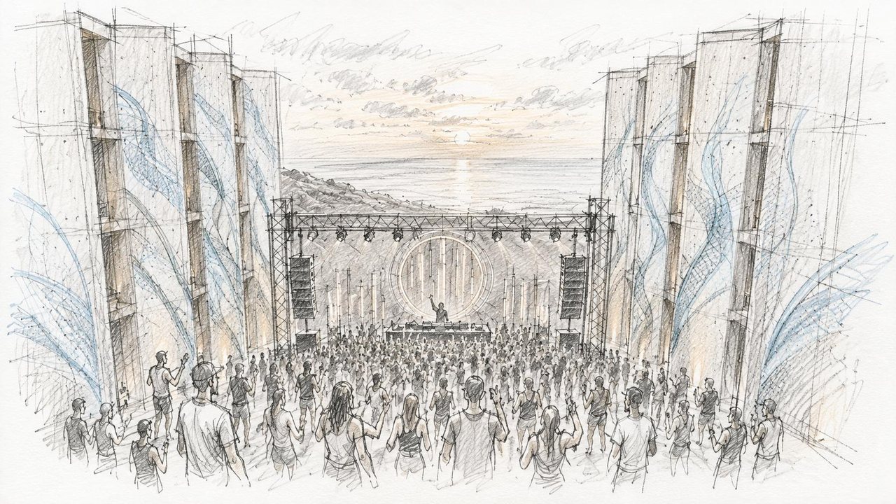 Hand drawing: the Salk Institute courtyard staged for the main set — a crowd facing a lit stage ring at the west end, flowing lines of projected light down the towers, the sun setting over the Pacific beyond.