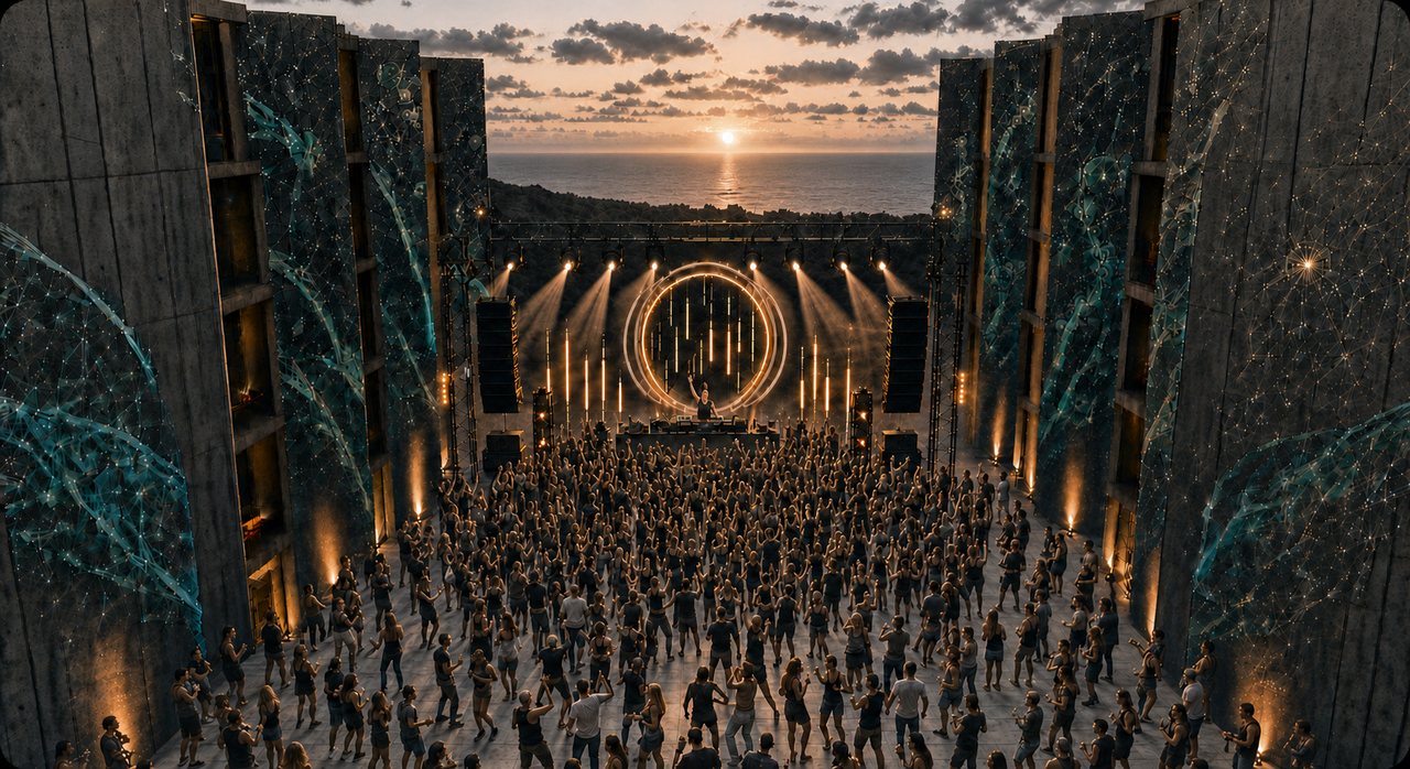 Concept art: the Salk Institute courtyard at sunset, filled with people, light beams rising between the towers and data projections across the concrete.