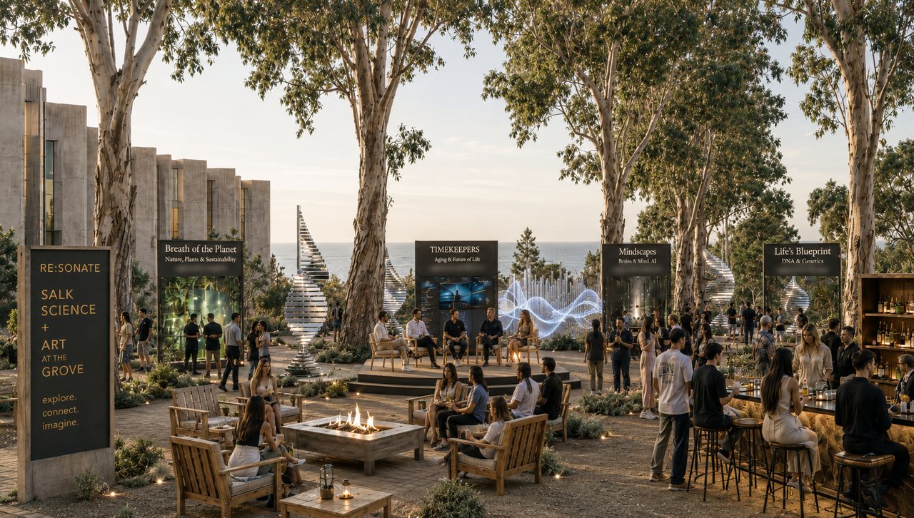 Concept art: the eucalyptus grove at golden hour, with four lit station pavilions, mirrored helix sculptures, fire pits and seating among the trees.