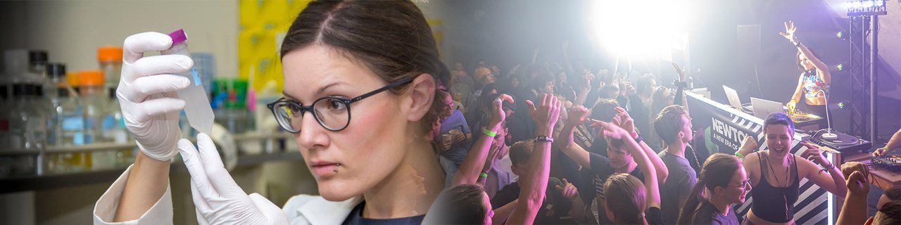 A single frame split down the middle: on the left a scientist working at the bench, on the right a packed dancefloor with hands in the air.